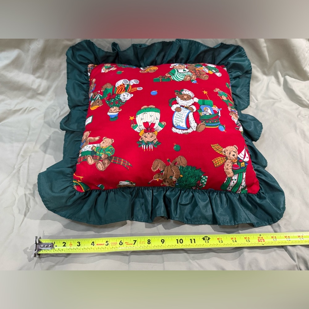 Vintage 1990s Teddy Bear Throw Pillow Red Green Ruffles